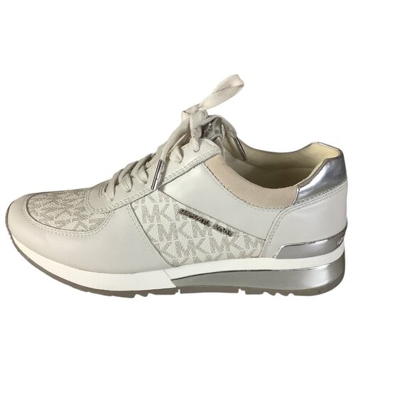 Michael Kors Womens Allie Lace Up Trainers 7M Beige & Metallic MK Monogram - Picture 13 of 16